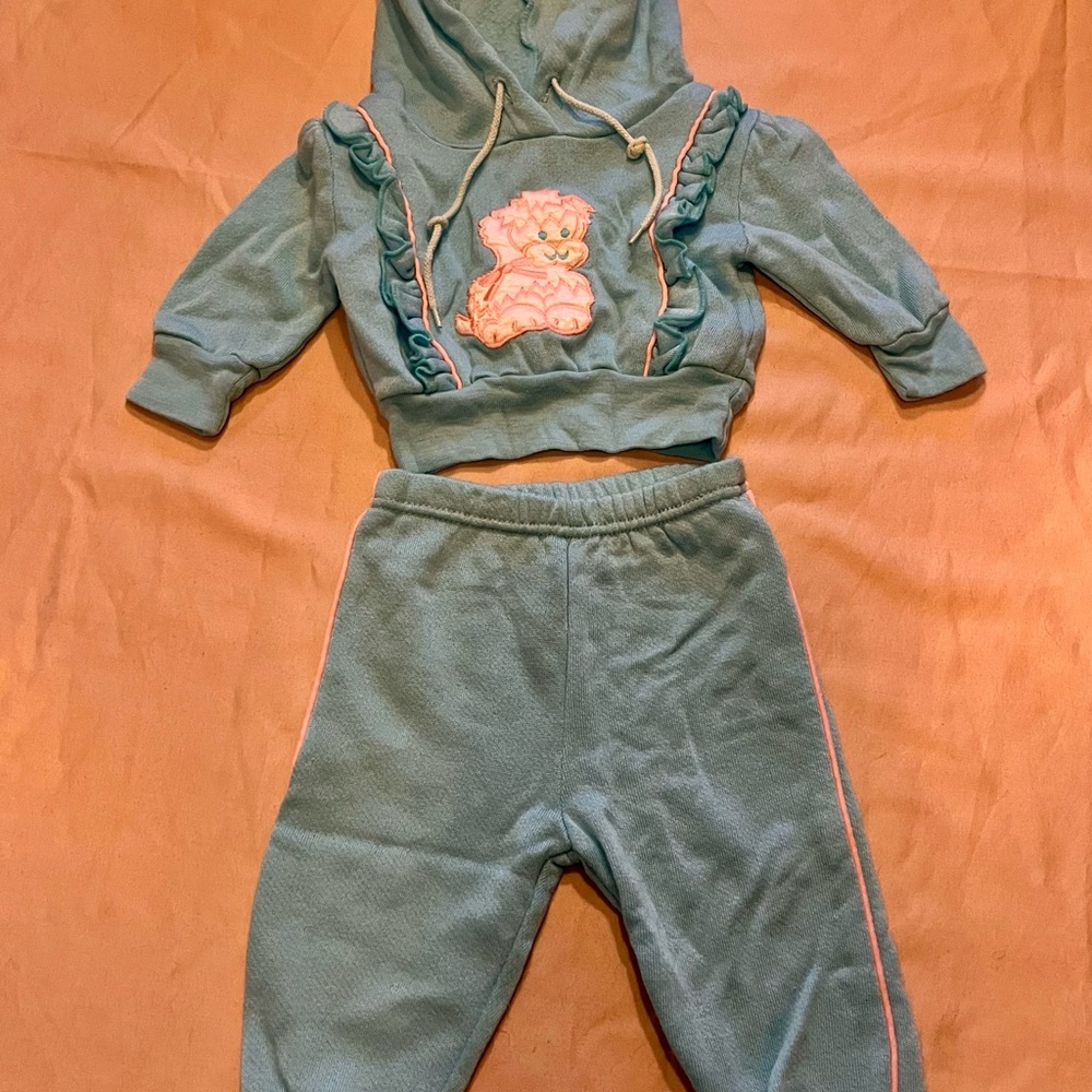 Vintage Baby Girl Hoodie & Jogger Set with Pink Trim